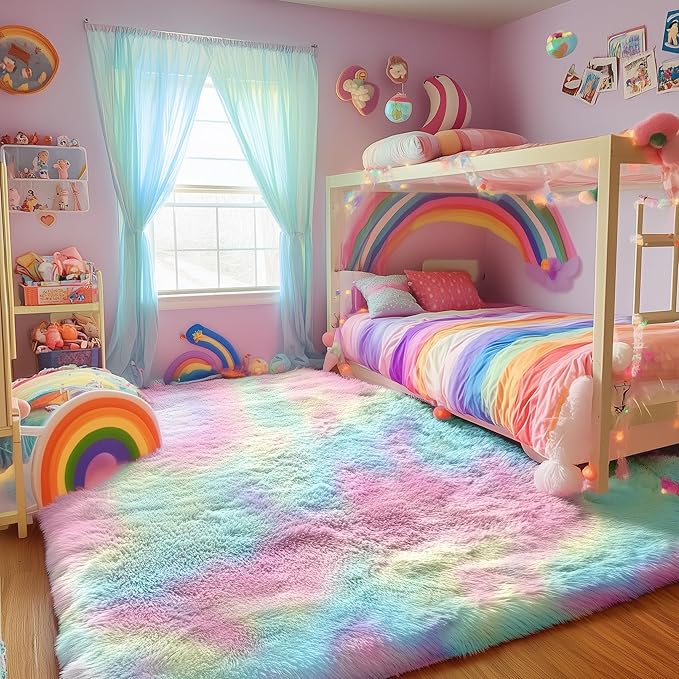 PAGISOFE Fluffy Soft Area Rug,Plush Furry for Girls Bedroom,Shaggy and Kawaii Rug for Playroom,Nursery,Baby's Toddler's Room,Cute and Colorful Room Decor for Kids,3x5,Rainbow