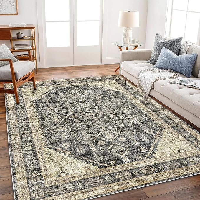 CHAMPLANT Area Rug 6'x9' Washable Vintage Traditional Floor Cover Thin Retro Kitchen Indoor Distressed Non Slip Carpet for Living Room Bedroom Dining Room
