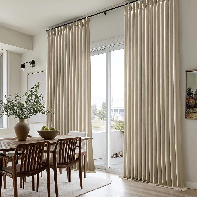 Pinch Pleated Tan Curtains 80 Inches Long for Sliding Glass Doors 2 Panels Set Burlap Flax Linen Light Filtering Window Drapes with Hooks Rings for Living Bedroom 80 Inch Length Khaki Brown Camel