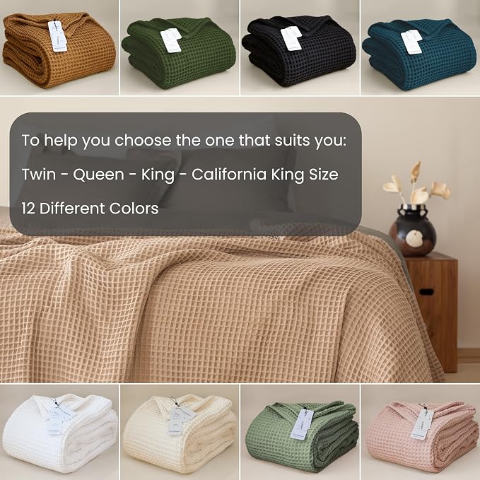 Premium Waffle Throw Blanket Queen XL Size Brown - Luxury, Pure 100% Turkish Cotton, Light & Airy Waffle Weave All-Season Quilt - Decorative Bedspread (Brown, Queen XL 95" x 102" Inch)