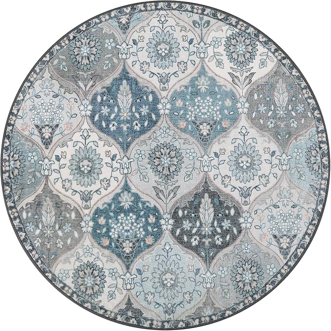 Lahome Moroccan Washable Round Rugs for Entryway, Soft Vintage Round Rug 4ft Ultra-Thin, Non-Slip Small Distressed Circle Carpet for Dining Room Bedroom Bathroom Nursery Elise, Blue