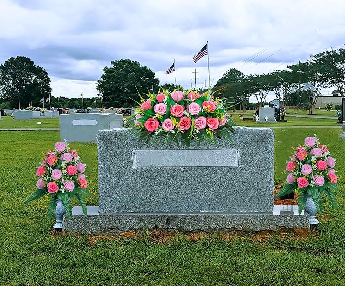 DONODA 2 Sets of Artificial Cemetery Flowers， Outdoor Grave Decorations Roses，Accompanied by 2 Long Nail Vases，Lasting and Non-Bleed Colors. (18 Heads (Pink+Light Pink))