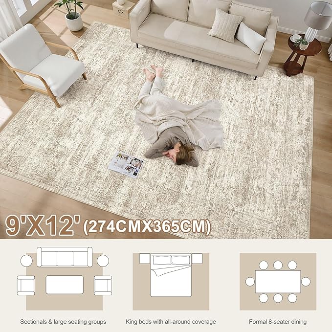 DMOYEST Area Rug Living Room Rugs - 9x12 Abstract Large Soft Indoor Washable Rug Neutral Modern Low Pile Carpet for Bedroom Dining Room Farmhouse Home Office - Vintage Beige