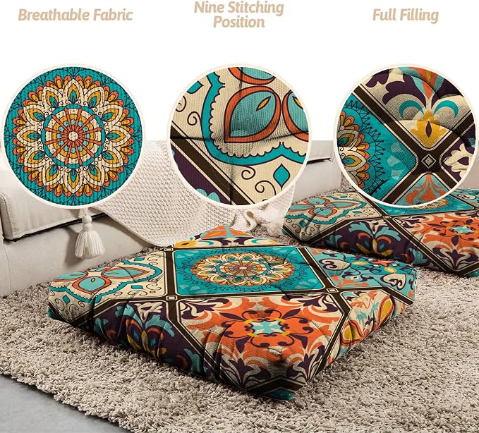 Mandala Meditation Cushion, Boho Meditation Mat, Meditation Pillows for Sitting on Floor, Cushions for Sitting in Home and Outdoor, Square Floor Pillow Cushion Seating for Yoga Accessories 22'' X 22''