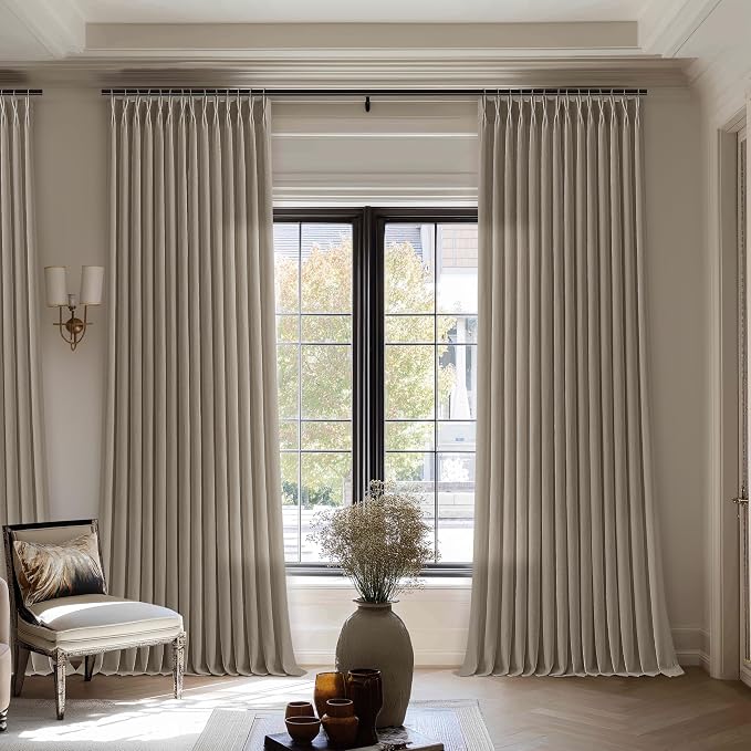 Taupe Pinch Pleat Linen Curtains for Patio Sliding Glass Door 70 Inch Width 84 Inches Long Light Filtering Semi Sheer Custom Cotton Extra Wide 70 x 84 Curtain Panels for Living Dining Room Balcony