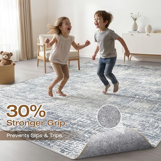 7x9 Area Rug Living Room: Washable Large Neutral Blue Rugs Abstract Soft Modern Stain Resistant Indoor Floor Non-Slip Carpet for Bedroom Nursery Kids Office Playroom Dining Room Under Table Home