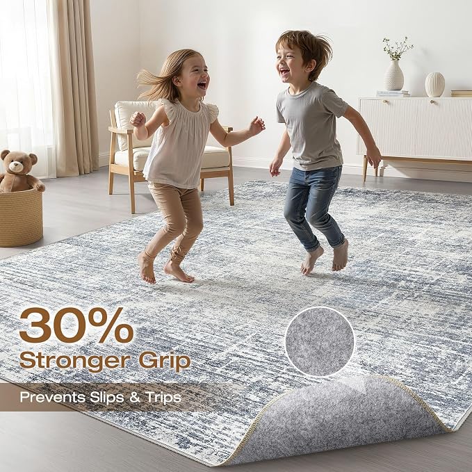 10x13 Area Rug Living Room: Washable Large Neutral Blue Rug Abstract Soft Modern Stain Resistant Indoor Floor Non-Slip Carpet for Bedroom Nursery Kids Office Playroom Dining Room Under Table Home