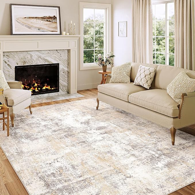 5x7 Washable Area Rug Beige Grey Abstract Non Slip Soft Low Pile Rug for Living Room Bedroom Dining Room Office Neutral Modern Indoor Throw Carpet for Home Decor
