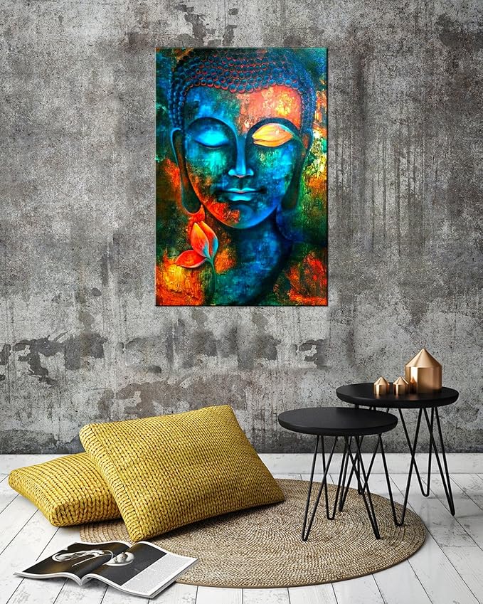 Zen Wall Art Colorful Buddha Wall Decor for Living Room Buddhism Pictures Painting Abstract Lotus Flower Canvas Prints Blue Religious Poster Artwork Bedroom Meditation Room Yoga Home Decoration 24x36"