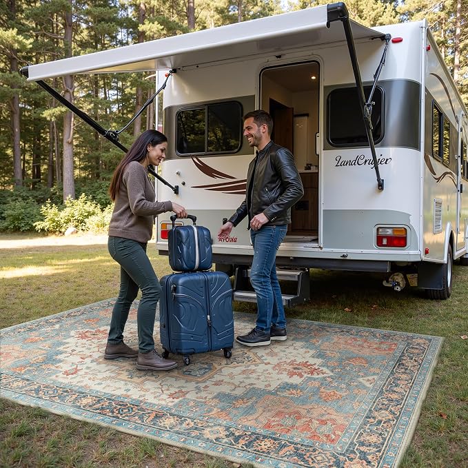 GENIMO Outdoor & Indoor Area Rug 4'x6', Waterproof, Non-Shedding, Easy Cleaning, Boho Mat for Patio, Living Room, Balcony, Dining Room, RV, Deck, Bedroom, Camping, Outside Carpet,Blue Salmon