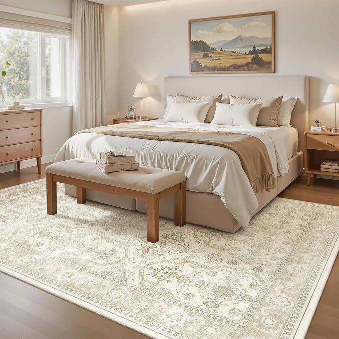 Soalmost 5x8 Area Rugs Beige/Brown Low Pile Indoor Washable Trendy Faded Style Rugs for Bedroom Living Room Dining Room Foldable Non-Slip Thin Print Home Office Mat