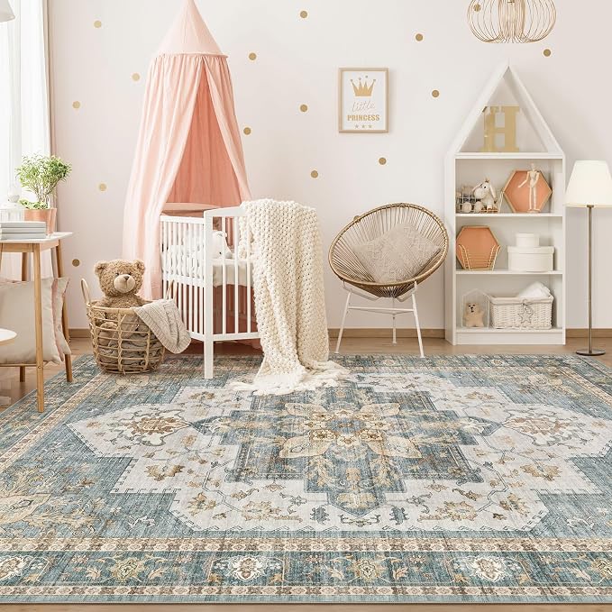 Tortania Area Rug Living Room Rugs - 6x9 Washable Boho Rug Vintage Oriental Distressed Farmhouse Large Thin Indoor Carpet for Living Room Bedroom Under Dining Table Home Office - Muted Teal