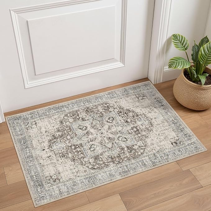 Tortania Area Rug 2x3 Doormat - Washable Vintage Oriental Farmhouse Soft Thin Indoor Carpet for Living Room Bedroom Hallway Entryway Kitchen - Brown Blue