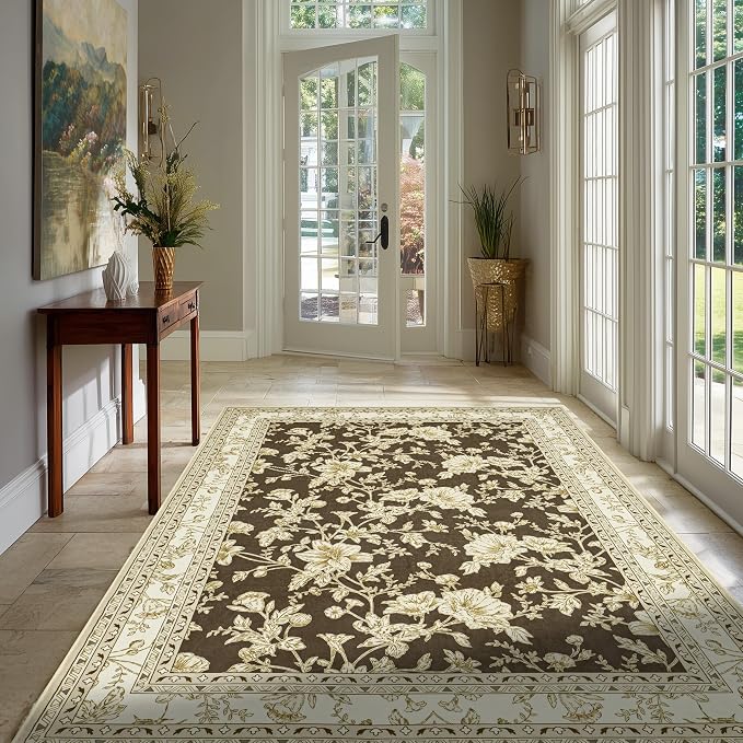 Floral Boho Rug 4x6 Washable Non Slip Area Rug Bohemian Carpet Door Mat Brown Beige Floral Distressed Modern Farmhouse Sketch Style Flower for Bedroom Foldable 4x6 for Entryway Living Room