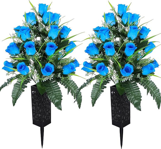 LVXINLI 2 Sets Artificial Cemetery Flowers,Outdoor Grave Decorations Roses,Beautiful Arrangements Bouquet with Cemetery Vase,Lasting and Non-Bleed Colors (Blue)