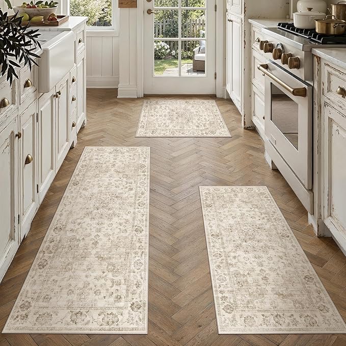 3 Piece Washable Kitchen Rug Set Beige Vintage Runner Mats Non-Slip Soft Low Pile Farmhouse Area Rugs for Floor Sink Laundry Bedroom Bathroom Living Room, 2x3 + 2x4 + 2x5