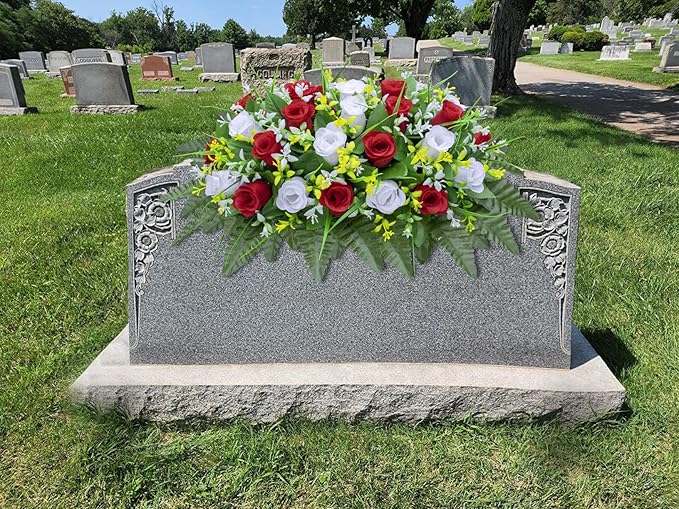 LVXINLI Artificial Cemetery Flowers Saddle-Shaped Tombstone Decorations Non-Fading UV-Resistant （Red and White Saddle