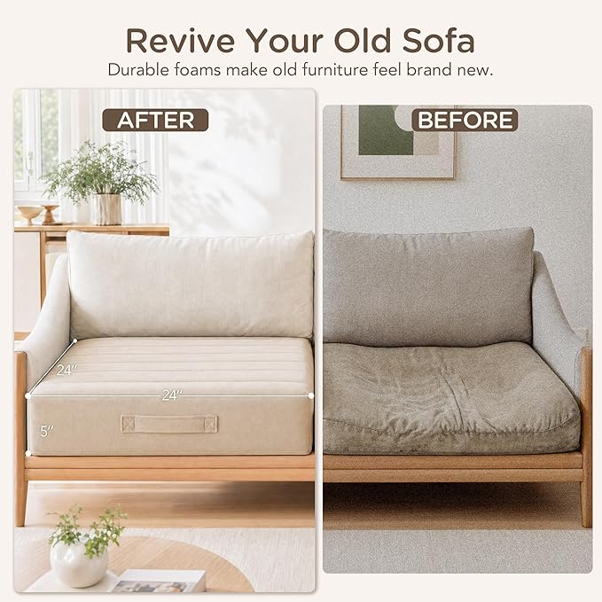 Codi Thick Replacement Couch Cushions, Upholstery Foam with Washable Covers for Sofa Cushion Chair Meditation - 24 × 24 × 5 Inch, High Density Foam, Ivory