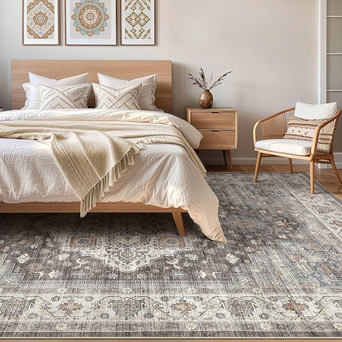 5x8 Area Rug Living Room: Washable Boho Large Neutral Vintage Soft Rug Stain Resistant Farmhouse Non-Slip Indoor Floor Carpet for Bedroom Nursery Kids Office Dining Room Playroom- Grey Brown