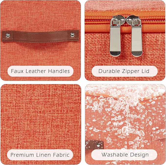 2 Pack Storage Bins with Zipper Lid Cotton Linen Fabric Lidded Storage Baskets Boxes Foldable Washable Closet Shelf Clothes Organizer Container with PU Leather Handles (Orange, Small)
