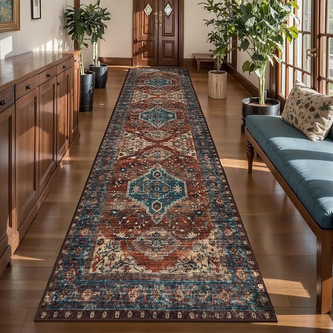 Tangsoo 3x10 Washable Hallway Runner Rug, Non Slip Vintage Runner Rug for Hallways, Soft Low Pile Long Rug Runner, Print Distressed Carpet Runners for Kitchen Bedroom Entryway Living Room