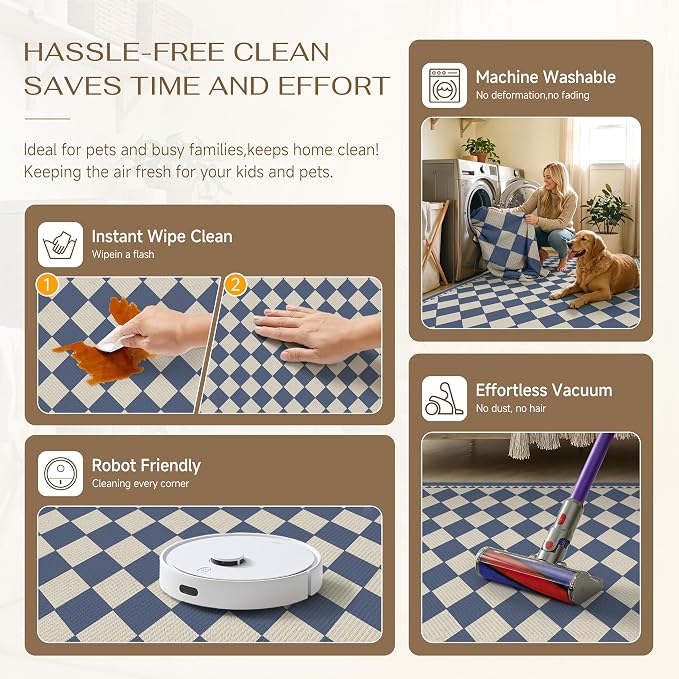 HUGEAR 3'x5' Outdoor Rug Blue Patio Checkered Waterproof Linen-Look Outside Floor Mat Carpet Area Rug for Deck Porch Balcony Backyard Camping RV Picnic Beach Home Decor