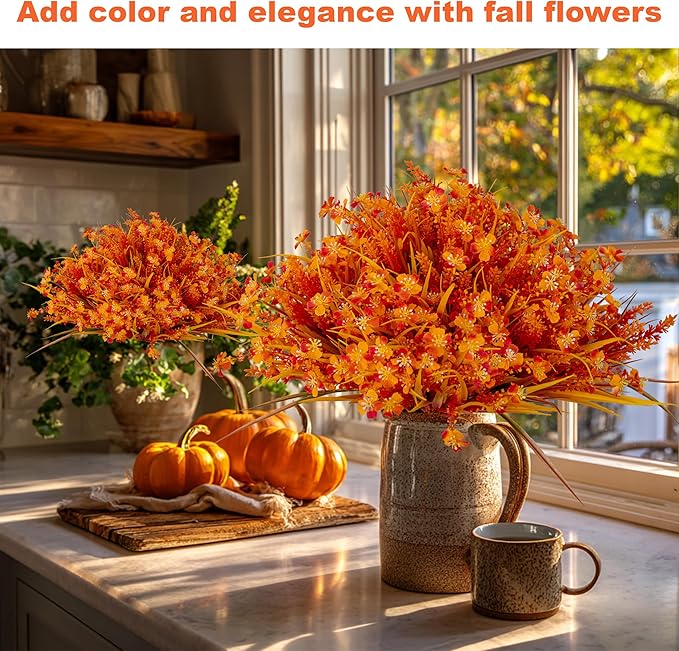 AXYLEX Artificial Fall Flowers Outdoor Fake Mums - 16 Bundles Fake Plants UV Resistant No Fade Faux Plastic Greenery Garden Porch Patio Fall Home Decor (1, OrangeYellow)