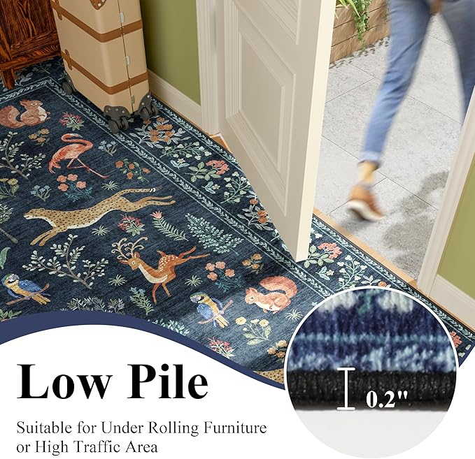 DUKINO 5x7 Rug, Washable Animal Living Room Rug with Non Slip Vintage Design, Soft Low Pile Large Carpet for Bedroom, Nursery, Dining Room, Farmhouse, Playroom, Navy Blue