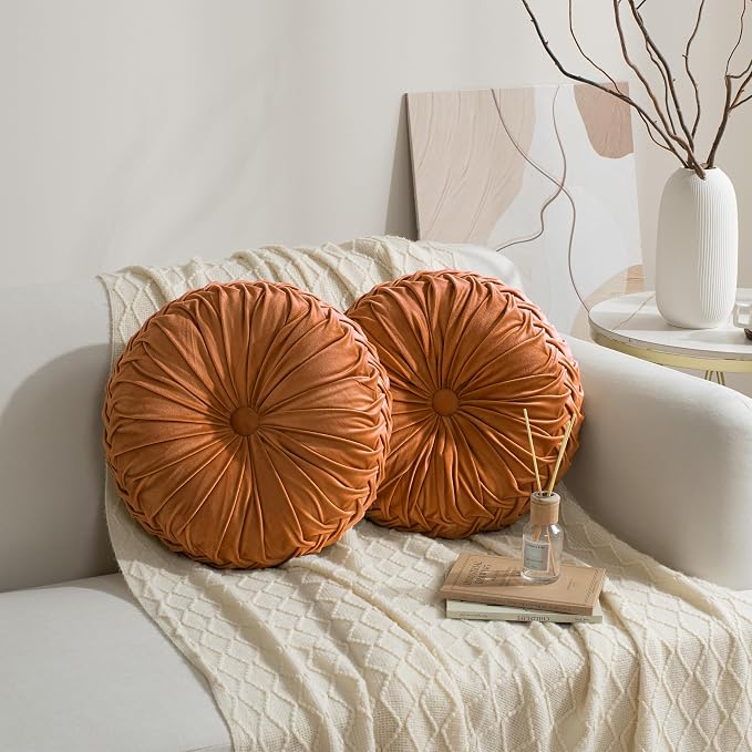 HIG Set of 2 Decorative Round Pleated Throw Pillows, Classy Accent Pumpkin Throw Pillows with Center Button, Vintage Velvet Floor Pillows for Sofa Vanity Chair Bed, Rust, 14.5" Diameter(Ripple)