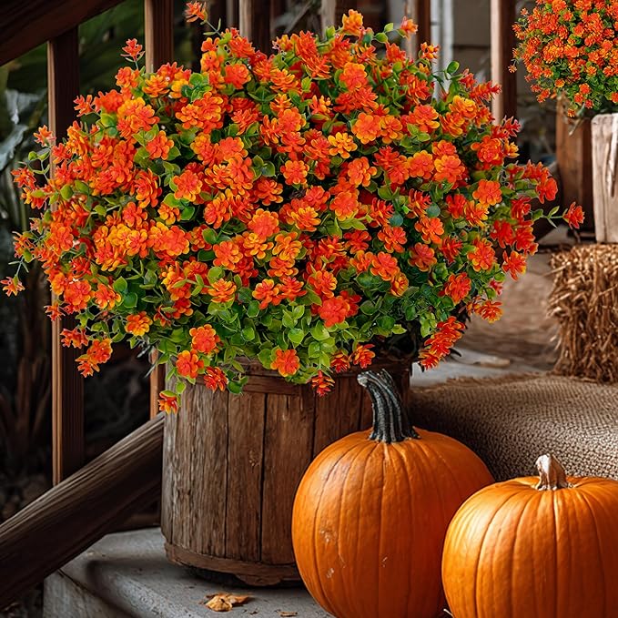 AXYLEX Artificial Fall Flowers Outdoor Fake Mums - 12 Bundles Fake Plants UV Resistant No Fade Faux Plastic Greenery Garden Porch Patio Fall Home Decor (Red Orange)