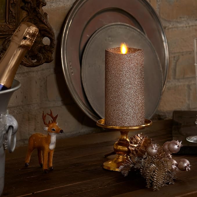 Luminara Realistic Artificial Flame Gold Glitter Pillar Candle - Moving Flame LED Battery Operated Lights - Unscented - Remote Ready - Remote Sold Separately - 3" x 6.5"