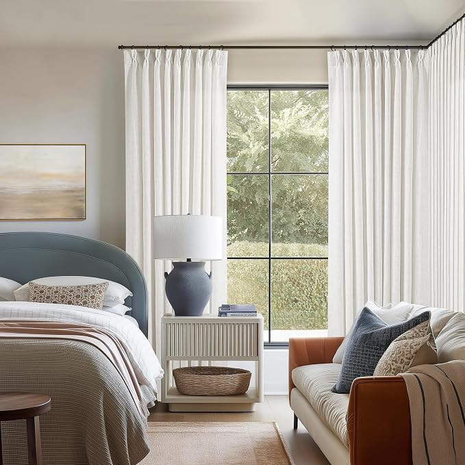 60 Inch Width Curtains 92 Inches Long Linen Pinch Pleated Curtains for Living Room Bedroom Semi Sheer Back Tab Hooks Rings Extra Wide Pinch Pleat Drapes for Patio Glass Door Beige White 1 Panel