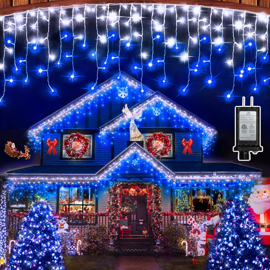 612 LED 60FT Christmas Lights with 136 Drops, 12 Modes Dimmable CoolWhite & Blue Outdoor Hanging Lights with Timer Memory, Waterproof Curtain Lights for Bedroom Yard Indoor Window Roof Fence Wedding