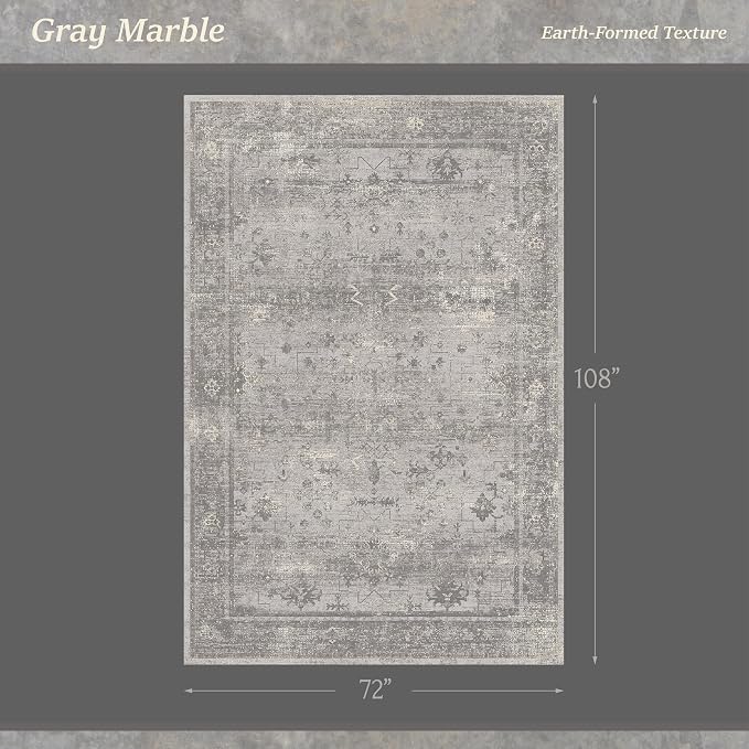 6x9 Washable Area Rug for Living Room - Gray Abstract Modern Rug, Non-Slip Low Pile Grey Vintage Distressed Carpet for Home Office, Bedroom & Dining Room