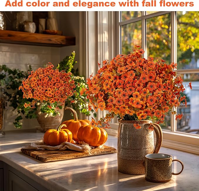 AXYLEX Artificial Fall Flowers Outdoor Fake Mums - 16 Bundles Fake Plants UV Resistant No Fade Faux Plastic Greenery Garden Porch Patio Fall Home Decor (Orangegreen)