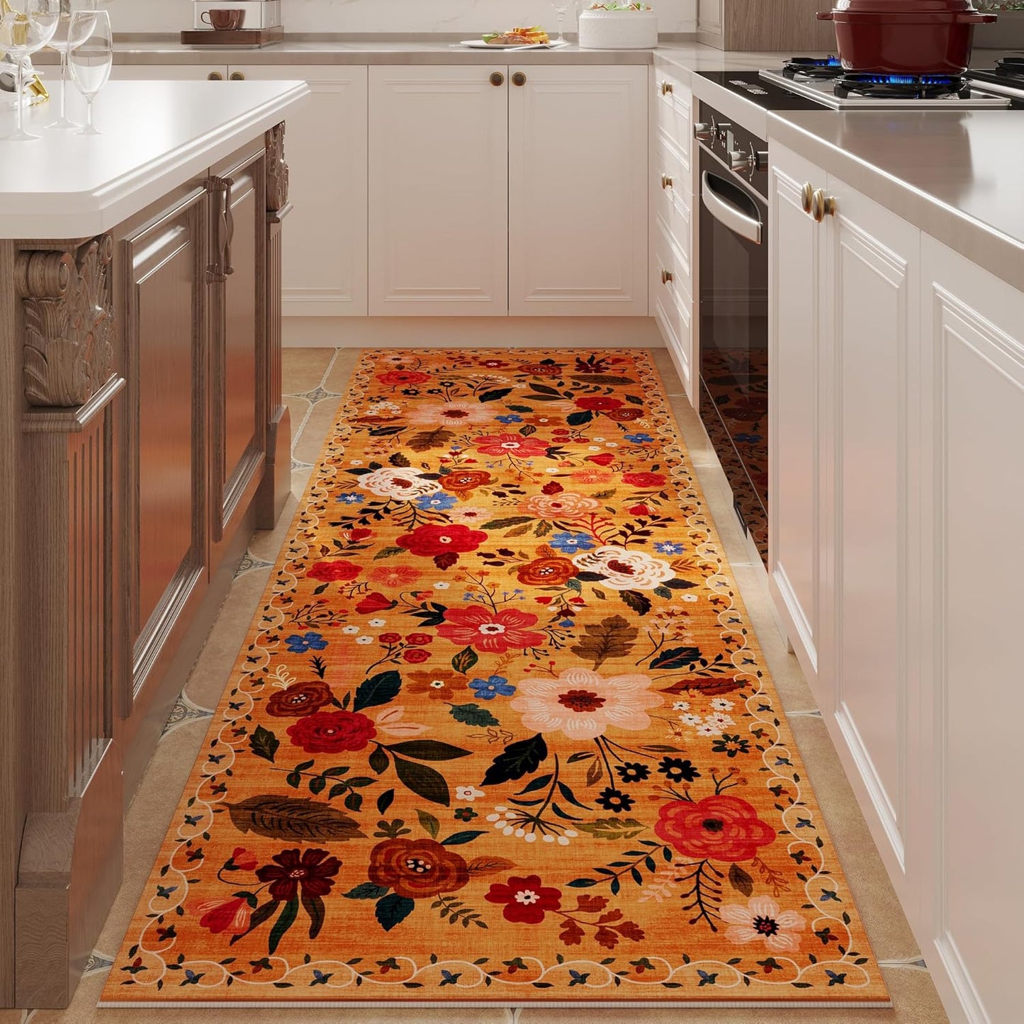 Runner Rug for Kitchen Rug Non Slip 2'x 6' Washable Rugs with Rubber Backing Soft Floral Carpet Runner for Hallways, Kitchen, Laundry, Bedroom, Bathroom(Yellow)