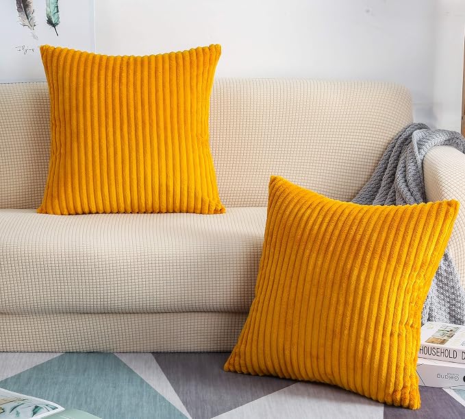 TangDepot Velvet Big Corduroy Pillow Covers 14x14 Deep Yellow 2-Pack | Soft wide-stripe corduroy pillow cover, hidden zipper, machine washable, easy refresh, for bedroom living room indoor outdoor