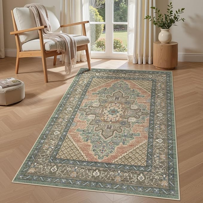 Tortania Area Rug Living Room Rugs - 3x5 Washable Rug Vintage Oriental Distressed Farmhouse Small Thin Indoor Carpet for Living Room Bedroom Under Dining Table Home Office - Sage Terracotta