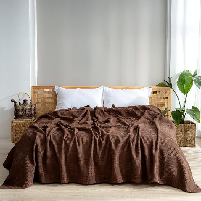 100% Turkish Cotton Blanket Twin Size Waffle Weave Blankets, Made in Turkiye, Light Airy Throw Bedspread (Dark Brown, Twin Size Blanket 70 x 90 inch)
