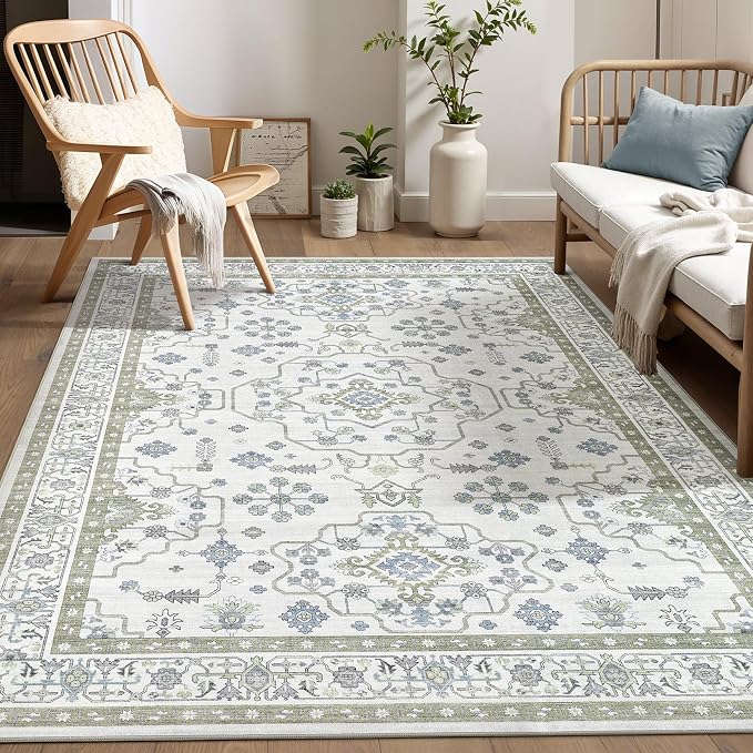 Area Rug 5x7 for Living Room - Washable Oriental Vintage Floral Distressed Large Indoor Carpets with Non Slip Back for Bedroom Dining Room Nursery Office Home Decor -Light Green