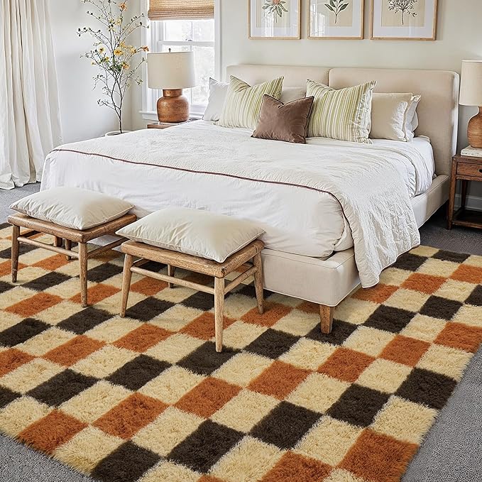 PureCozy Shag Rug 9x12 for Living Room Soft Non-Slip Large Area Rug Bedroom | Fluffy，Washable，Checkered Rug, Kids Room, Nursery Room, Classroom