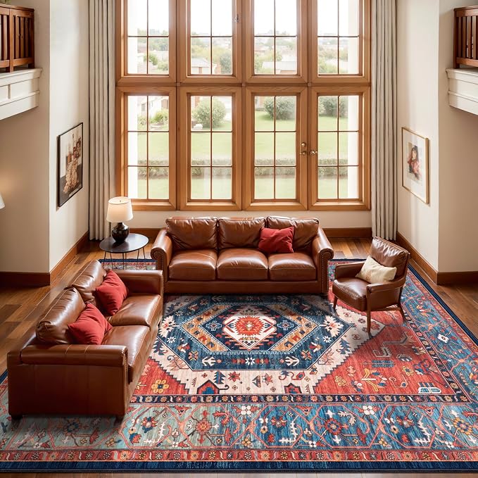 SERISSA 8x12 Area Rugs for Living Room, Large Washable Non-Slip Boho Rug, Ultra Soft Vintage Rust Oriental Tribal Print Distressed Carpet for Dining Room Bedroom Office Home Decor