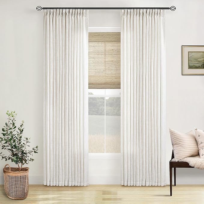 Neutral Pinch Pleated 86 Inch Curtains Semi Sheer Linen Blended Light Filtering Window Curtains 86 Inches Long for Living Room Bedroom Boho Cream Birch Pinch Pleat Drapes Rings Hooks 2 Panels Set