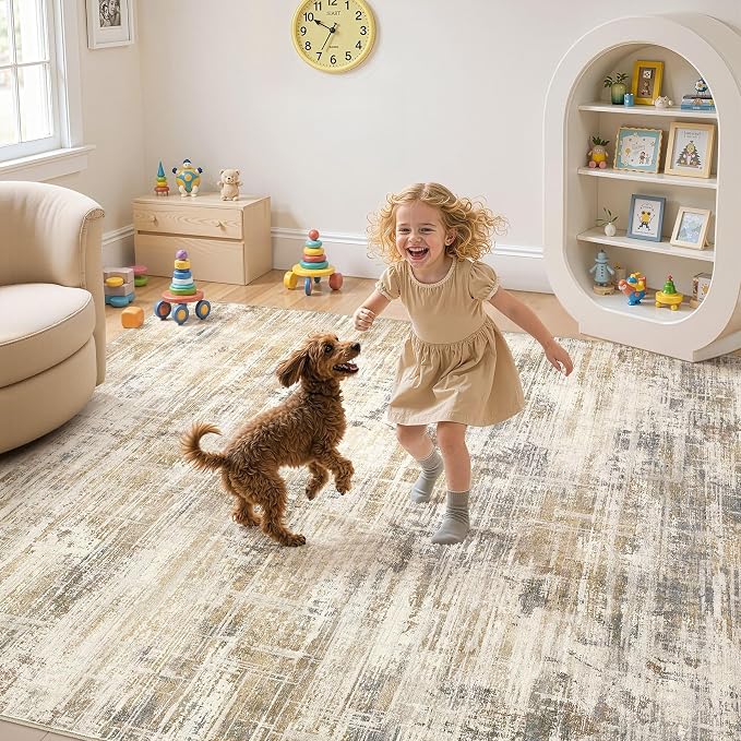 UERMEI 12x15 Area Rug for Living Room: Extra Large Neutral Abstract Carpet Modern Soft Low Pile Stain Resistant Washable for Open Floor Plan Bedroom Dining Office Kids Pets Friendly Golden Brown