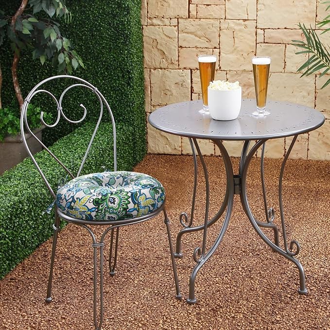 Magpie Fabrics Outdoor Round Bistro Seat Cushions with Ties, 15"x15"x4" Set of 2, Tufted Waterproof Barstool Chair Pads for Patio Home Garden Office, Floral Blue Green