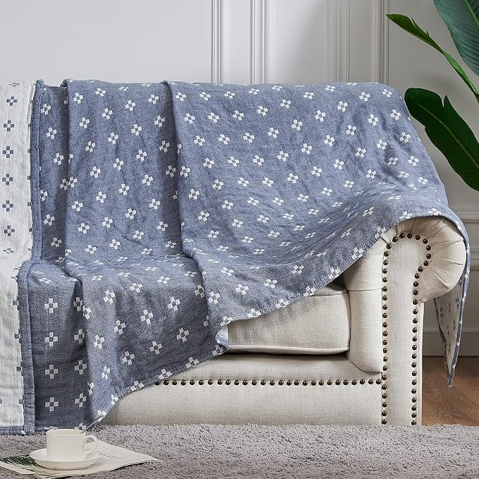 jinchan Boho 100% Cotton Blanket Muslin Twin Size 60x80 Inches Lightweight 3-Layer Geometric Cross Pattern Reversible Quilt Coverlet Throw Soft Breathable Comfy All Seasons for Couch Bed Decor, Blue