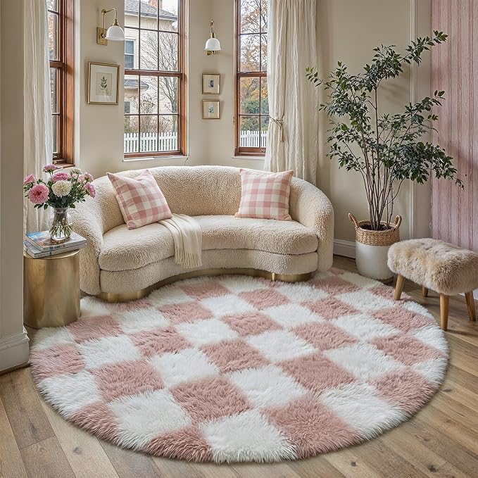 PureCozy Checkered 4x4 Round Rug for Playroom, Pink and White Modern Shag Rugs Super Soft Washable Fluffy Carpet Indoor Office Fuzzy for Bedroom Living Romm Home Dorm Aesthetic Decor