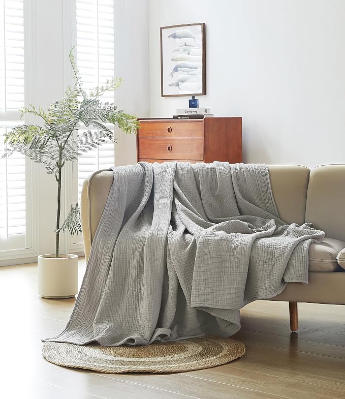 100% Cotton Muslin Throw XL Blanket (50" x 70") – A Luxuriously Soft, 4-Layer Lightweight and Breathable Gauze Blanket, Perfect for Year-Round use on beds, couches (Grey, Throw XL)