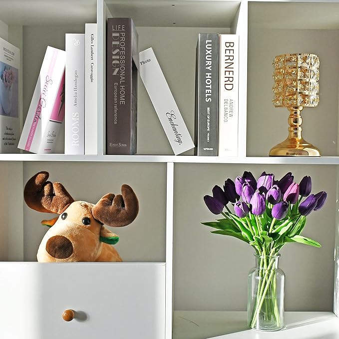 Mandy's Dark Purple Artificial Tulips Flowers Centerpiece, 13.5" Lifelike PU Fake Floral Stems 20pcs for Kitchen Island & Dining Table, Spring Decor for Easter