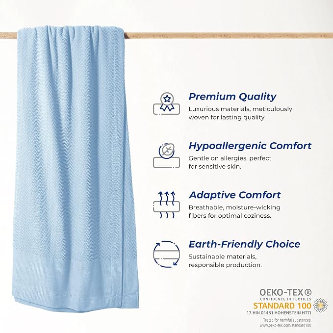 THREAD SPREAD 100% Pure Cotton, Luxury Twin/Twin XL Size Light Blue Blanket - Herringbone Pattern, Soft & Cozy Premium Fall Throw Blanket for All Seasons, 350 GSM & 68 x 92 with Free Tote Bag